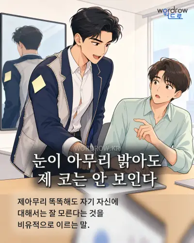한국어 속담 “눈이 아무리 밝아도 제 코는 안 보인다” 1컷 일러스트