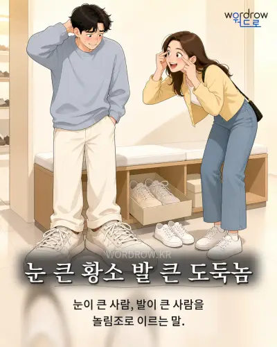 한국어 속담 “눈 큰 황소 발 큰 도둑놈” 1컷 일러스트