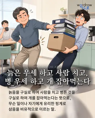 한국어 속담 “늙은 우세 하고 사람 치고, 병 우세 하고 개 잡아먹는다” 1컷 일러스트