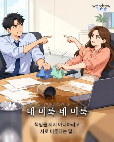한국어 속담 “내 미룩 네 미룩” 1컷 일러스트