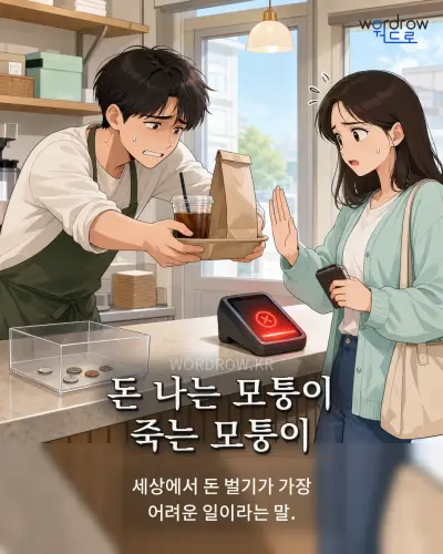 한국어 속담 “돈 나는 모퉁이 죽는 모퉁이” 1컷 일러스트