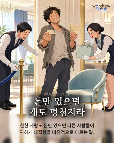 한국어 속담 “돈만 있으면 개도 멍첨지라” 1컷 일러스트