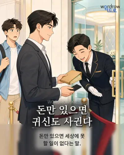 한국어 속담 “돈만 있으면 귀신도 사귄다” 1컷 일러스트