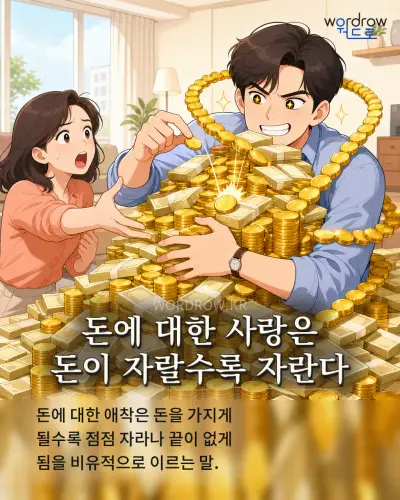 한국어 속담 “돈에 대한 사랑은 돈이 자랄수록 자란다” 1컷 일러스트