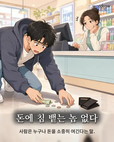 한국어 속담 “돈에 침 뱉는 놈 없다” 1컷 일러스트