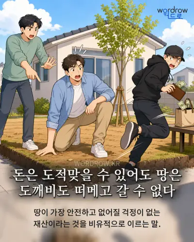한국어 속담 “돈은 도적맞을 수 있어도 땅은 도깨비도 떠메고 갈 수 없다” 1컷 일러스트