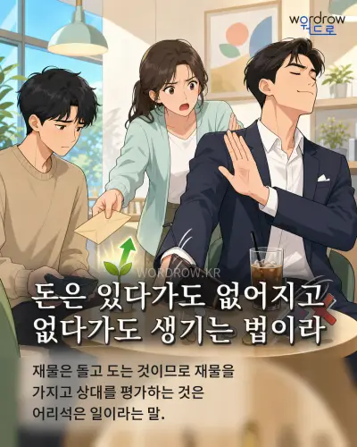 한국어 속담 “돈은 있다가도 없어지고 없다가도 생기는 법이라” 1컷 일러스트