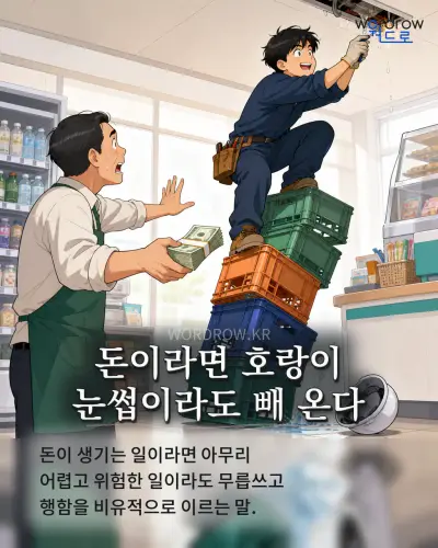 한국어 속담 “돈이라면 호랑이 눈썹이라도 빼 온다” 1컷 일러스트