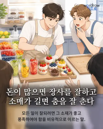 한국어 속담 “돈이 많으면 장사를 잘하고 소매가 길면 춤을 잘 춘다” 1컷 일러스트