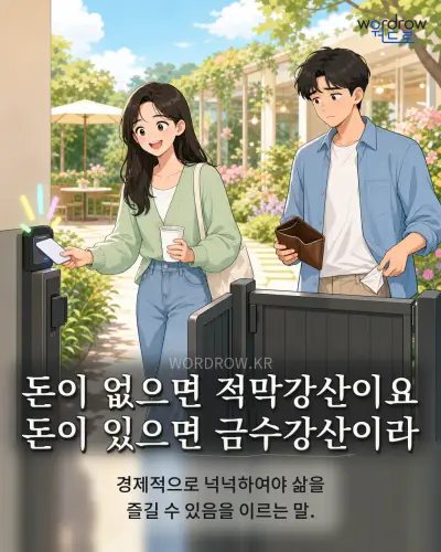 한국어 속담 “돈이 없으면 적막강산이요 돈이 있으면 금수강산이라” 1컷 일러스트