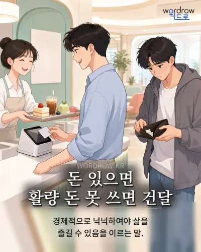 한국어 속담 “돈 있으면 활량 돈 못 쓰면 건달” 1컷 일러스트