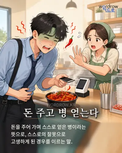 한국어 속담 “돈 주고 병 얻는다” 1컷 일러스트