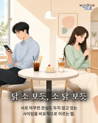 한국어 속담 “닭 소 보듯, 소 닭 보듯” 1컷 일러스트