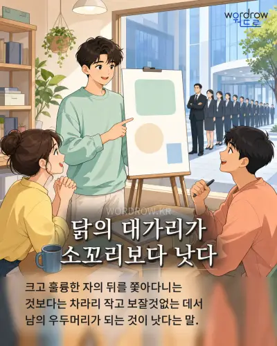 한국어 속담 “닭의 대가리가 소꼬리보다 낫다” 1컷 일러스트