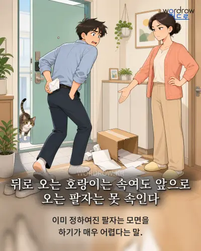 한국어 속담 “뒤로 오는 호랑이는 속여도 앞으로 오는 팔자는 못 속인다” 1컷 일러스트