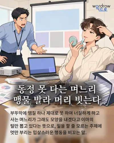 한국어 속담 “동정 못 다는 며느리 맹물 발라 머리 빗는다” 1컷 일러스트