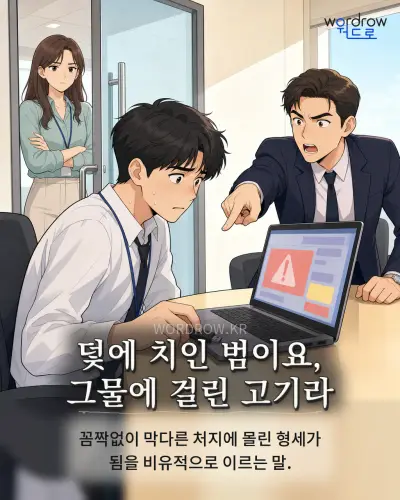한국어 속담 “덫에 치인 범이요, 그물에 걸린 고기라” 1컷 일러스트