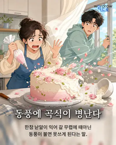 한국어 속담 “동풍에 곡식이 병난다” 1컷 일러스트