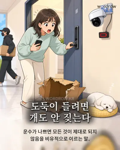 한국어 속담 “도둑이 들려면 개도 안 짖는다” 1컷 일러스트