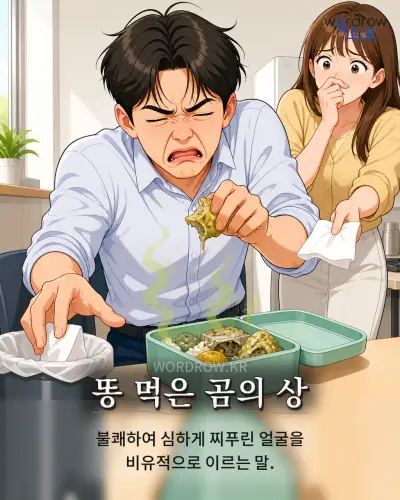한국어 속담 “똥 먹은 곰의 상” 1컷 일러스트