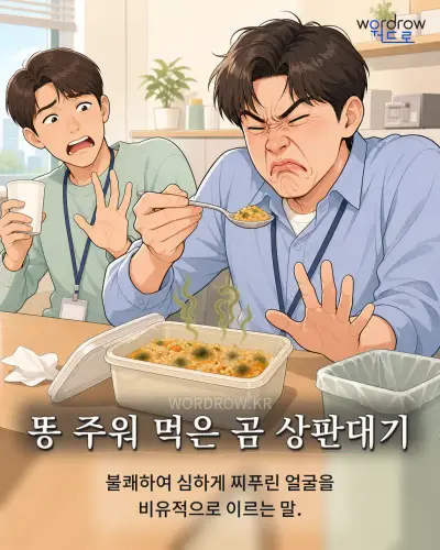 한국어 속담 “똥 주워 먹은 곰 상판대기” 1컷 일러스트