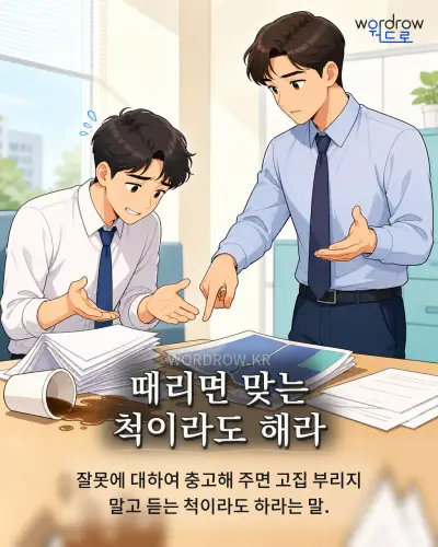 한국어 속담 “때리면 맞는 척이라도 해라” 1컷 일러스트