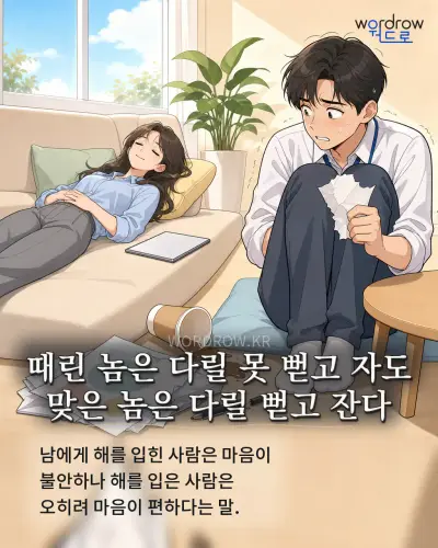 한국어 속담 “때린 놈은 다릴 못 뻗고 자도 맞은 놈은 다릴 뻗고 잔다” 1컷 일러스트