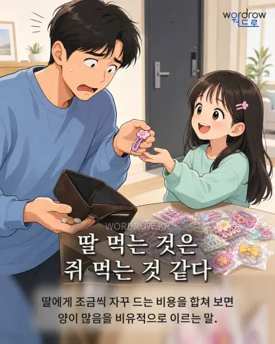 한국어 속담 “딸 먹는 것은 쥐 먹는 것 같다” 1컷 일러스트