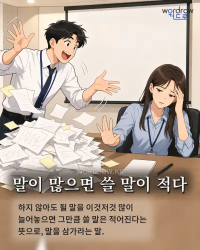 한국어 속담 “말이 많으면 쓸 말이 적다” 1컷 일러스트