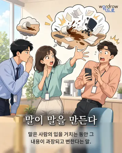 한국어 속담 “말이 말을 만든다” 1컷 일러스트