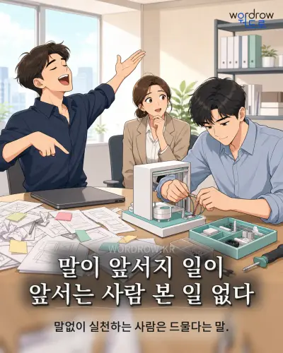 한국어 속담 “말이 앞서지 일이 앞서는 사람 본 일 없다” 1컷 일러스트