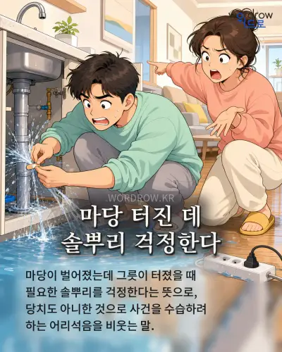 한국어 속담 “마당 터진 데 솔뿌리 걱정한다” 1컷 일러스트
