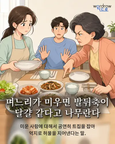 한국어 속담 “며느리가 미우면 발뒤축이 달걀 같다고 나무란다” 1컷 일러스트