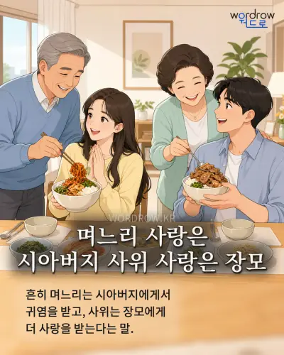 한국어 속담 “며느리 사랑은 시아버지 사위 사랑은 장모” 1컷 일러스트
