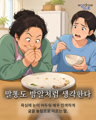 한국어 속담 “말똥도 밤알처럼 생각한다” 1컷 일러스트