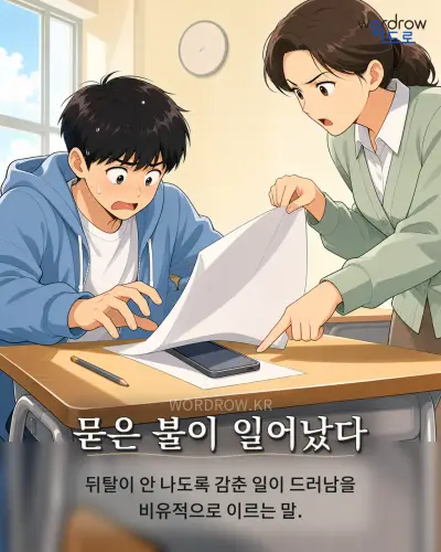 한국어 속담 “묻은 불이 일어났다” 1컷 일러스트