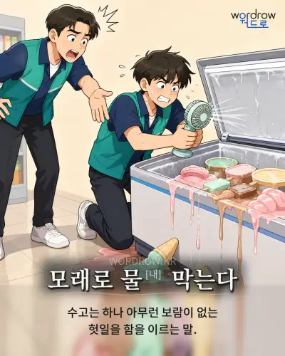 한국어 속담 “모래로 물[내] 막는다” 1컷 일러스트