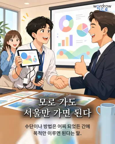 한국어 속담 “모로 가도 서울만 가면 된다” 1컷 일러스트