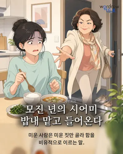 한국어 속담 “모진 년의 시어미 밥내 맡고 들어온다” 1컷 일러스트