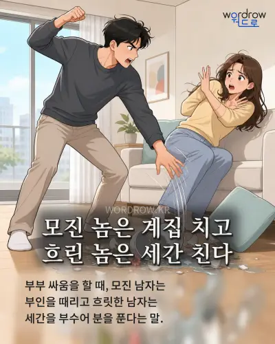 한국어 속담 “모진 놈은 계집 치고 흐린 놈은 세간 친다” 1컷 일러스트