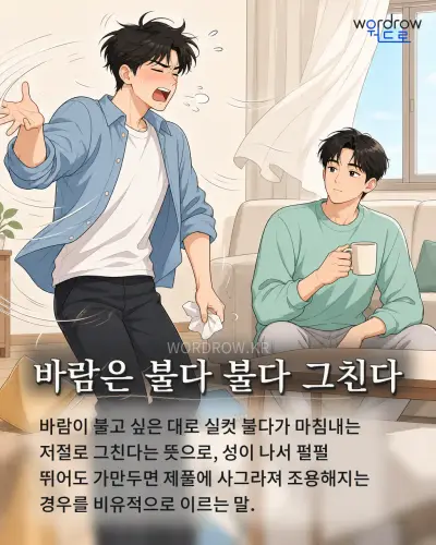 한국어 속담 “바람은 불다 불다 그친다” 1컷 일러스트