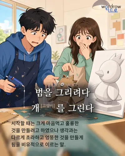 한국어 속담 “범을 그리려다 개[고양이]를 그린다” 1컷 일러스트
