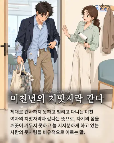 한국어 속담 “미친년의 치맛자락 같다” 1컷 일러스트