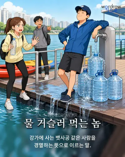 한국어 속담 “물 거슬러 먹는 놈” 1컷 일러스트