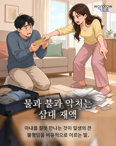 한국어 속담 “물과 불과 악처는 삼대 재액” 1컷 일러스트