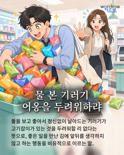 한국어 속담 “물 본 기러기 어옹을 두려워하랴” 1컷 일러스트