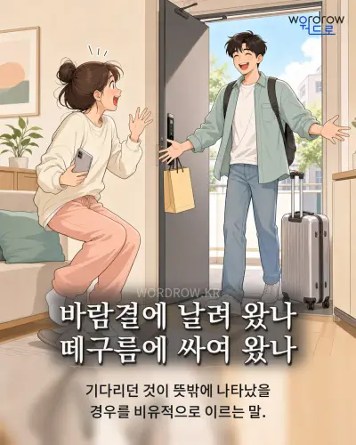 한국어 속담 “바람결에 날려 왔나 떼구름에 싸여 왔나” 1컷 일러스트