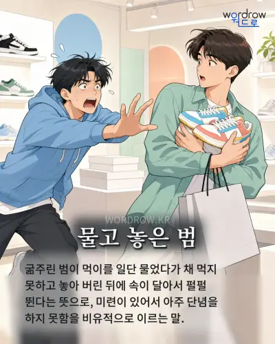 한국어 속담 “물고 놓은 범” 1컷 일러스트
