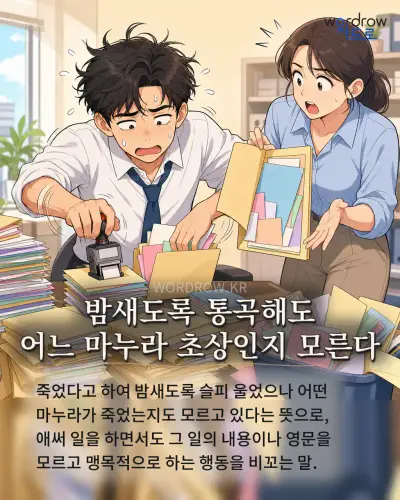 한국어 속담 “밤새도록 통곡해도 어느 마누라 초상인지 모른다” 1컷 일러스트
