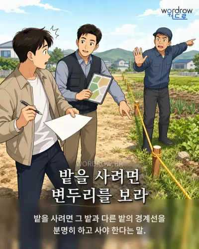 한국어 속담 “밭을 사려면 변두리를 보라” 1컷 일러스트